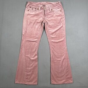 True Religion Joey Big T Velour Flare Leg Pants Sz 31x30‎ Pink Bootcut Flaps USA